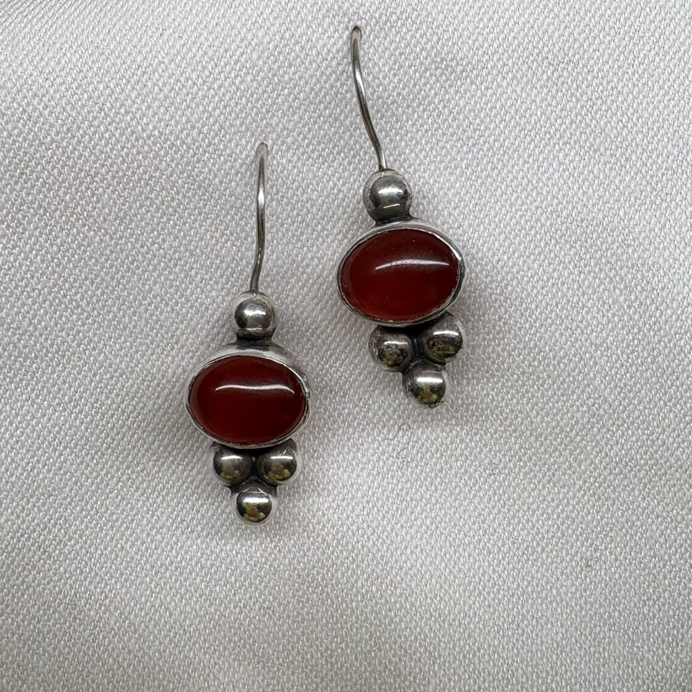925 Sterling Silver Carnelian Drop Earrings Red Stone French Hook - Picture 3 of 5